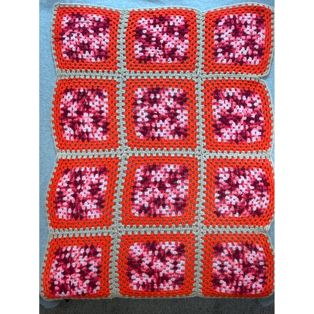 Vintage Handmade Crochet Granny Square Throw Blanket Red Pink Boho Afghan 46x35‎
